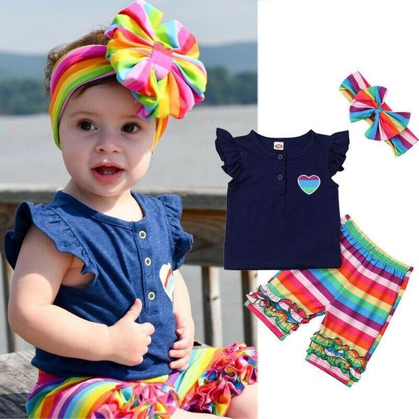 

3pcs toddler kids baby girl t-shirt +ruffle pants holiday outfits clothes summer fashion cute sleeveless soft infant set, White