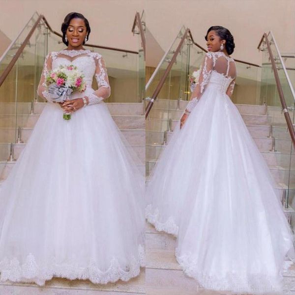 

Plus Size African Wedding Dresses A Line Lace Applique Tulle Sweep Train Wedding Gowns For Bride Gowns