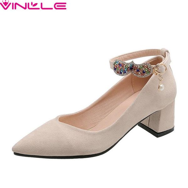

vinlle 2020 flock pointed toe fashion shallow ladies single shoes square high heel crystal buckle women pumps big size 34-43, Black