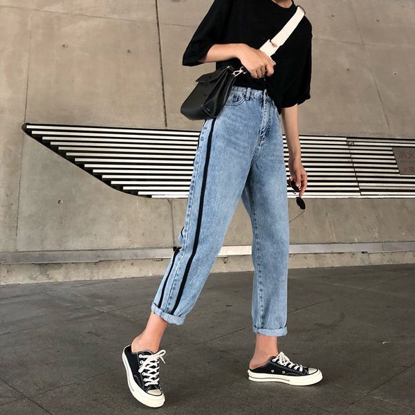 

2019 summer new high waist jeans women pockets loose denim straight pants casual solid jean trousers, Blue