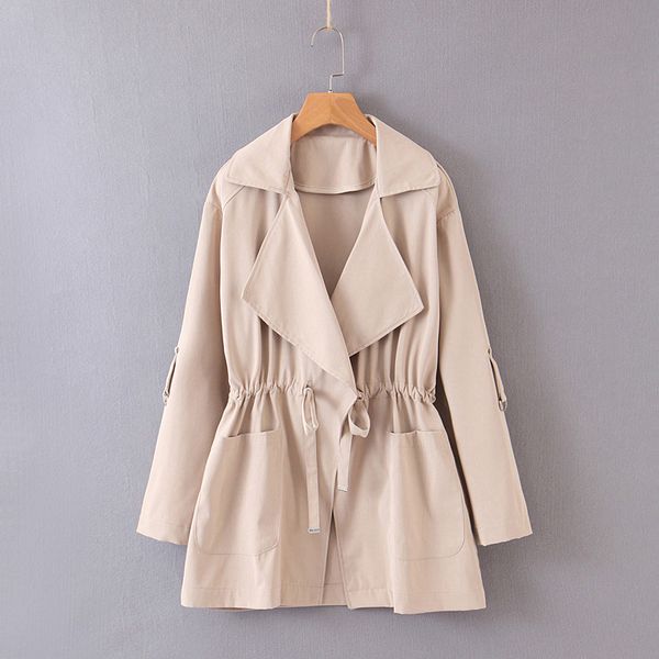 

women autumn trench ruffles pleated long sleeve solid cascaded design european style casual office wear outwear, Tan;black