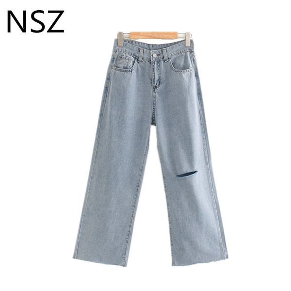 

nsz women blue wide leg pant hole loose casual high waist zipper pocket trousers