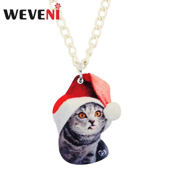 

weveni acrylic christmas hat american short hair cat kitten necklace pendant chain animal jewelry for women girls teens kid gift, Silver