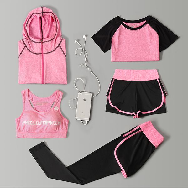 

women outdoor running sport clothing quick dry shorts tracksuit women gym yoga bra leggings pants fitness t shirt 5 piece set, White;red