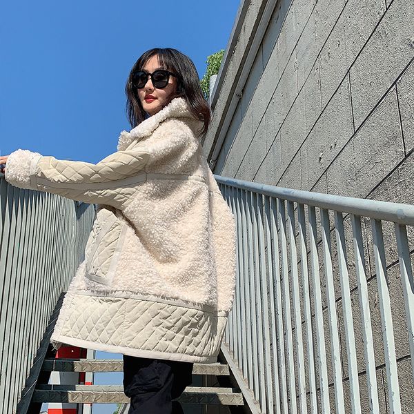 

imported lamb fur coat female winter new style mid-long korean version sheep shearing coat ins same style, Black