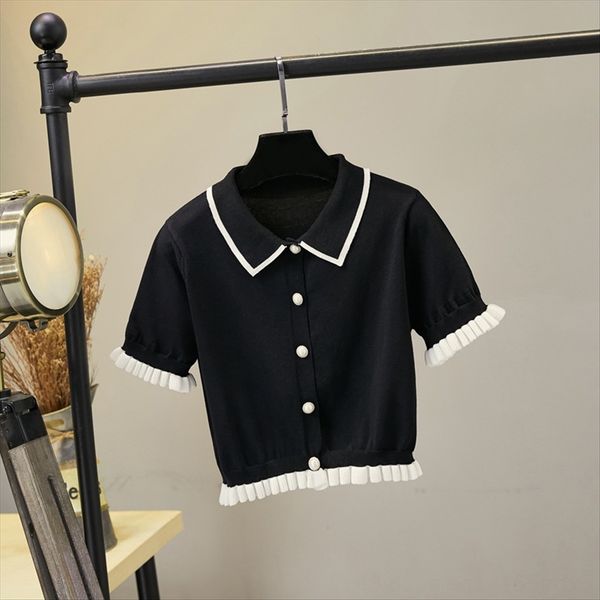 

xiaoxiangfeng polo collar lotus t-shirt pearl buckle pearl buckle leaf t-shirt temperament high waist short sleeve knitted cardigan wome, White