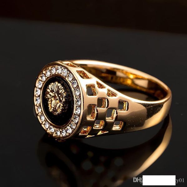 

design gold color avatar dripping oil men's ring hollow lion head rhinestone ring titanium stainless steel men rings, Silver