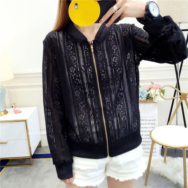 

women flower lace hollow baseball jacket zipper coat cardigan long sleeves fdc99, Black;brown