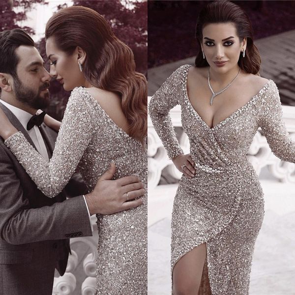 Dubai lusso argento paillettes sexy profondo scollo a V abito da sera maniche lunghe scintillanti abiti da ballo occasioni speciali alta spacco Robe De Soiree