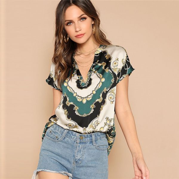 

женщины блузка женщины топы vintage multicolor изогнутые hem печати шарф печати топ сатин блуза лета женщин втулки крышки гламурная вскользь, White