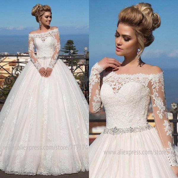 

off the shoulder long sleeves lace applique ball gown wedding dress with beading crystal belt court train button bridal dress, White