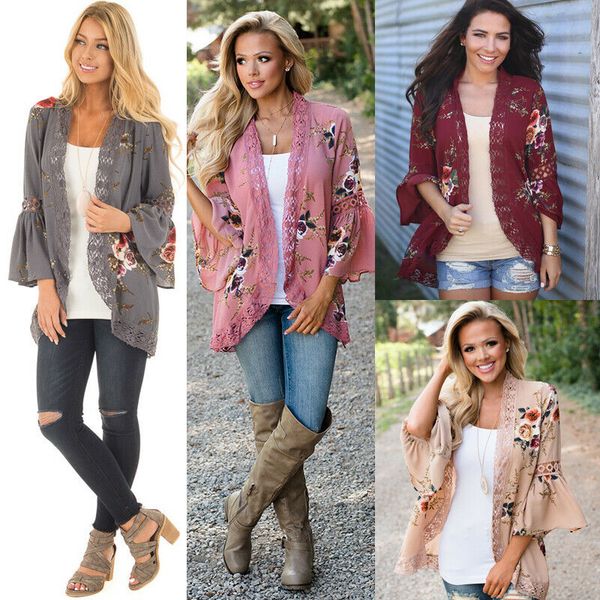 

2019 Autumn Plus Size Women Holiday Lace Patchwork Flare Sleeve Floral Printed Elegant Fashion Kimono Cardigan Ladies