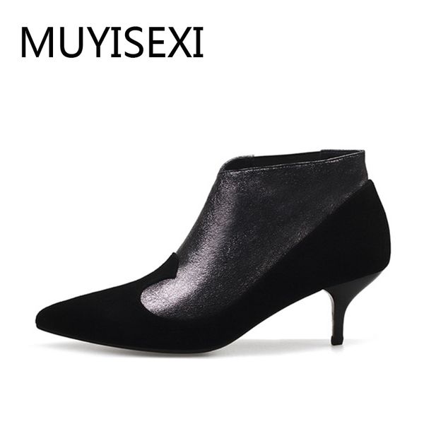 

autumn ankle boots genuine leather pointed toe 6cm thin high heels boots for women black plus size 34-41 x004 muyisexi