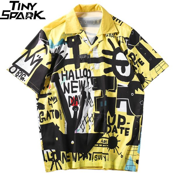 

2019 hawaiian shirt graffiti mens hip hop shirts streetwear harajuku beach shirt summer casual short sleeve hipster, White;black