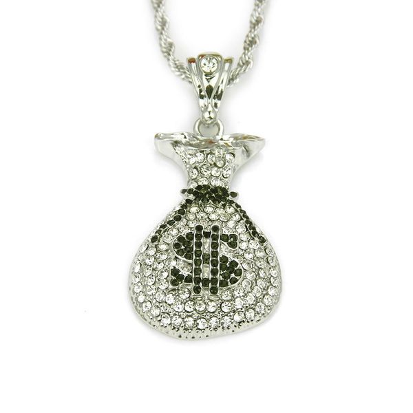 

fashion-iced out purse pendant necklace mens hip hop necklace jewelry 76cm gold twist chain for men, Silver