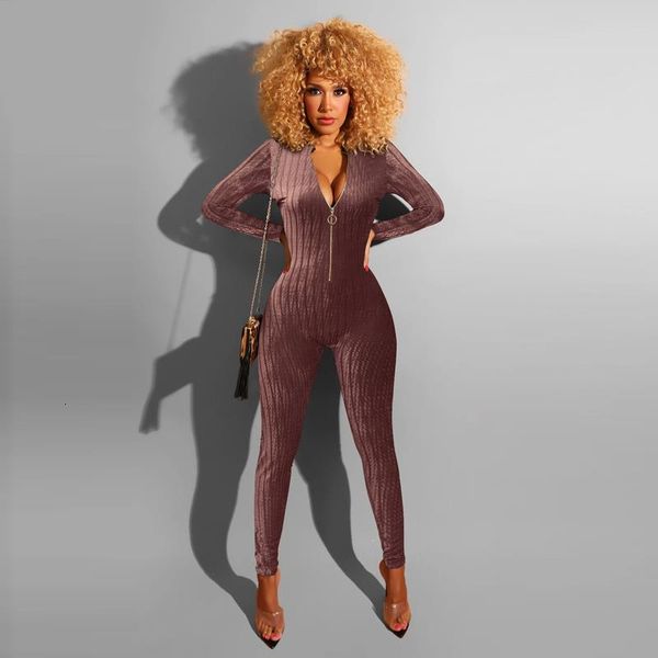 

velvet striped casual bodycon jumpsuits long sleeve zipper up skinny jumpsuit women long rompers one piece overalls, Black;white