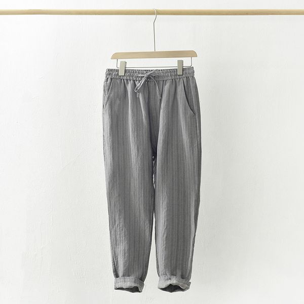 

men summer fashion japan style cotton linen striped wide leg harem ankle length pants male casual loose trousers, Black
