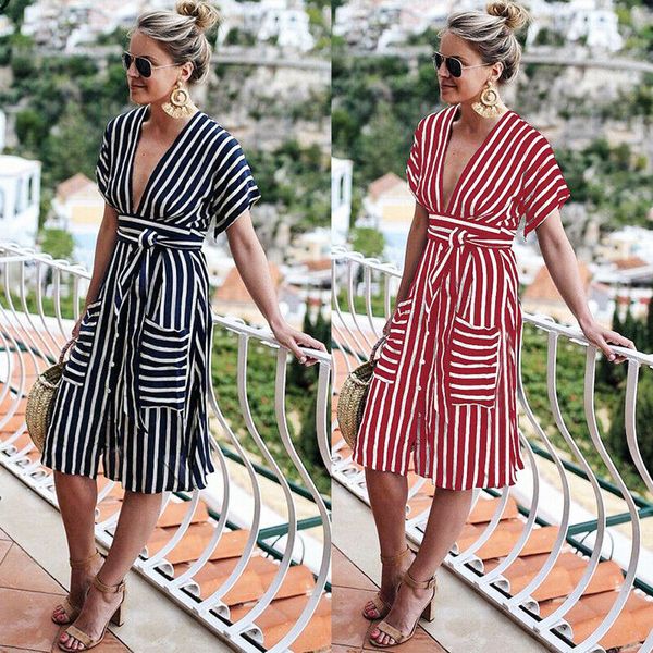 

women bandage bodycon casual short sleeve dress striped evening party club long v neck dress summer, Black;gray