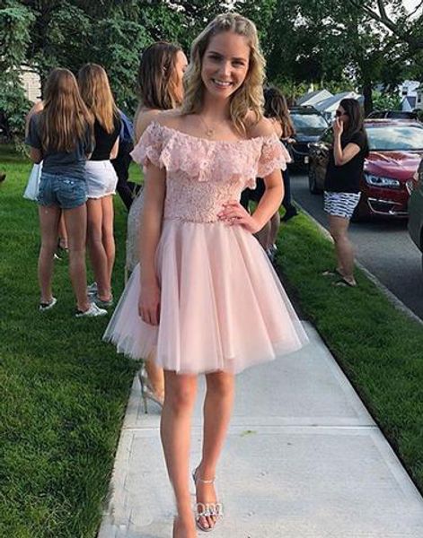 

2019 Pink Off shoulders Short Sleeves Graduation Party Dresses A Line Applique Sequins Crystal Short Homecoming Gowns Prom dress