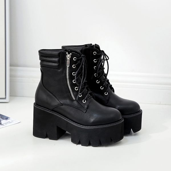 

snow shoes lace up boots platform shoes ankle boots high heel motorcycle women winter chunky yma428-1, Black