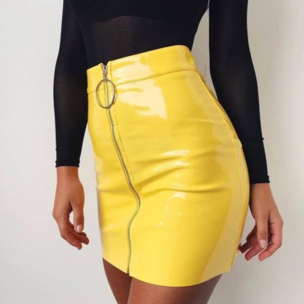 

2019 pencil skirts women zipper high waist skirt solid pu leather skirt stretch bodycon short mini skirts 5 colors, Black