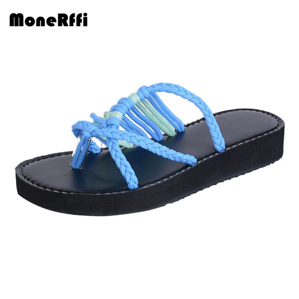 

monerffi flat summer sandal women junior girl shipping flip-flop thong cross toe sandal casual knit knot beach shoes new 2019, Black