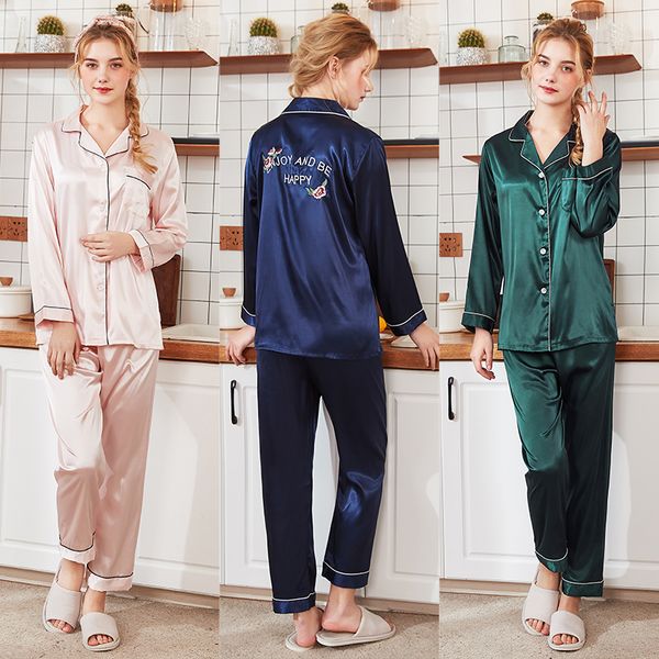 

new summer and autumn silk pajamas ladies new product long-sleeved trousers home wear two-piece suit solid color sleepwear, Black;red