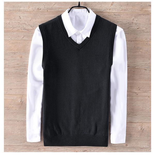 

100% cotton male knitting vest mens v-neck sleeveless sweaters casual mens solid color vest fashion slim, Black;white