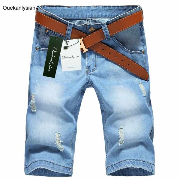 

ouekanlysian summer jean short men scratched ripped knee length short jean casual straight thin denim overalls light washed, Blue