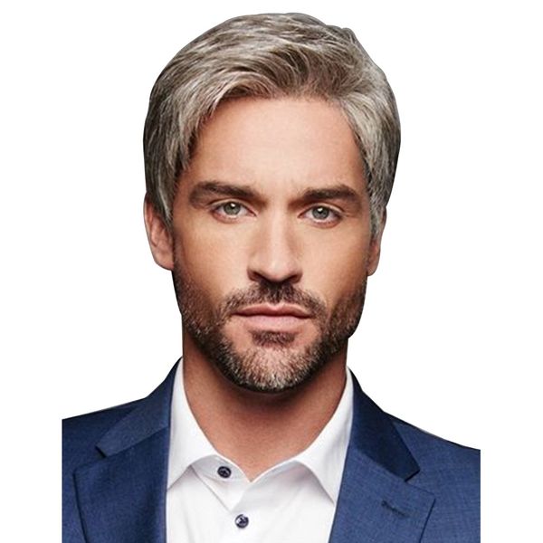 

european and american men's wigs brown-grey side party short straight wig head cover with high-grade rose intranet, Black