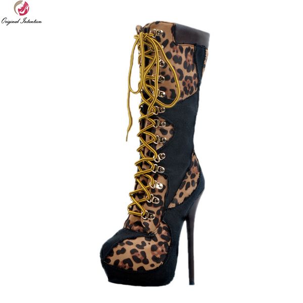 

original intention new women mid-calf boots platform round toe thin high heels boots leopard shoes woman plus us size 4-15, Black