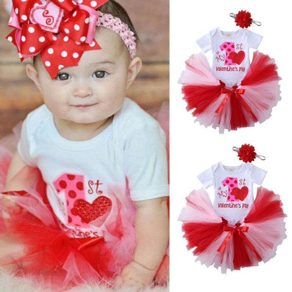 

baby kids infant 3pcs set infant baby girl clothes romper lace skirt party short sleeve valentine outfits 0-18m, White