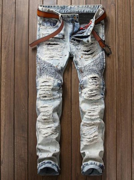 

старинные джинсовые синие джинсы slim fit wear clothing брюки мужские отверстия пэчворк хип-хоп брюки, Blue