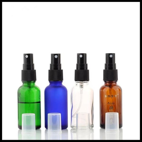 30 ml klare grüne bernsteinfarbene blaue Glasflaschen mit Kunststoff-Pumpsprüher, kosmetische Parfüm-Glasnebel-Sprühflaschen