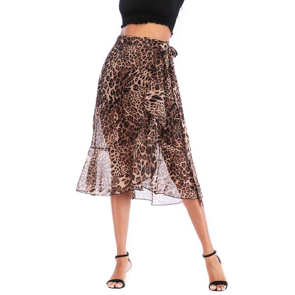 

summer new chiffon print skirt high waist tie casual skirt leopard half-length long skirt for women, Black