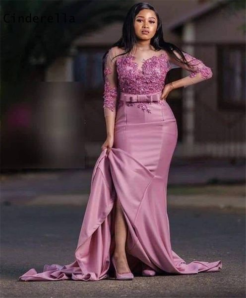 

cinderella lavender long sleeves silk satin mermaid lace applique crystal beaded evening dresses vestidos de fiesta de noche, White;black