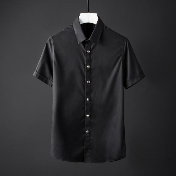 

men's casual shirts lu solid color mens luxury alloy round rivet short sleeve dress plus size 3xl 4xl 100% cotton man, White;black