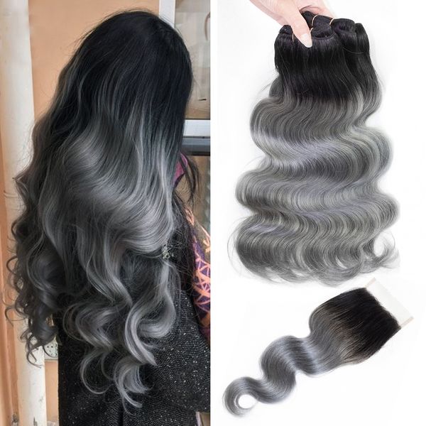Ombre Grey Human Hair Bundles With Closure T 1b Grey Colored Brazilian Hair Extension Brazilian Peruvian Malaysian Indian Body Wave