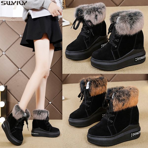 

swyivy female booties flock short plush wedge shoes woman 2019 winter shoes womens boots ankle warm platform snow boots ladies, Black
