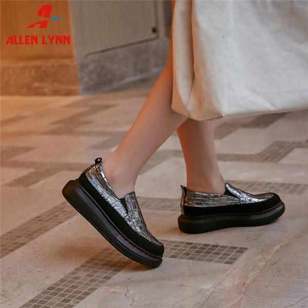 

allen 2020 new arrival ladies 2020 high platform shoes woman fretwork genuine leather flats women shining metallic loafers, Black