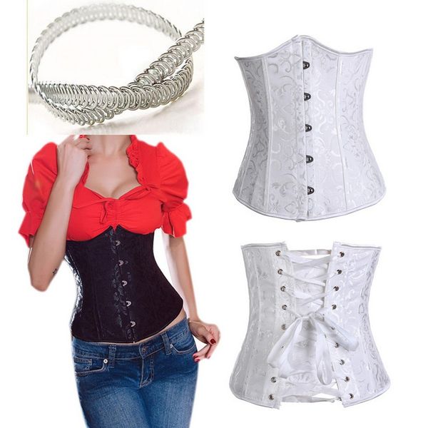 Mulheres Preto Corset Top 12pcs Aço desossado Brocade Jacquard Underbust acolchoado Lace-up cintura Train Corset Magro Shaperwear corpo Plus Size XS-6XL