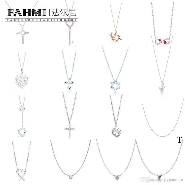 

fahmi 100% 925 sterling silver tif classic water droplets cross crown heart-shaped key leaf pendant necklace factory direct ing, Golden;silver