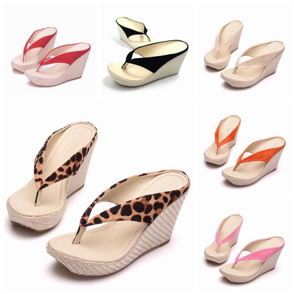 

crystal fashion summer style women sandals high heels flip flops beach wedge sandals leopard print platform wedge shoes, Black