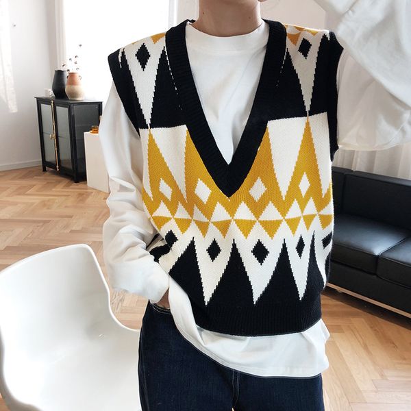 

2020 new spring korean women sweater vest hit color harajuku student wear outside sleeveless sweater v-neck women's clothes, White;black