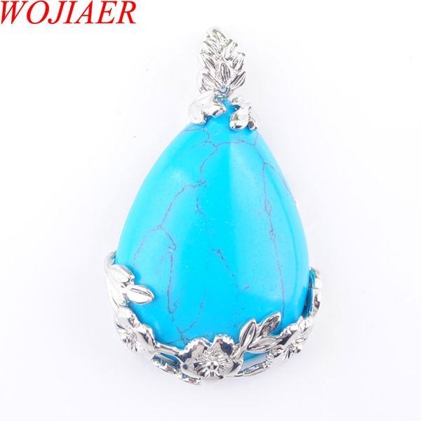 

wojiaer tear water drop love natural blue turquoise gem stone pendant necklace reiki bead women jewelry n3465, Silver