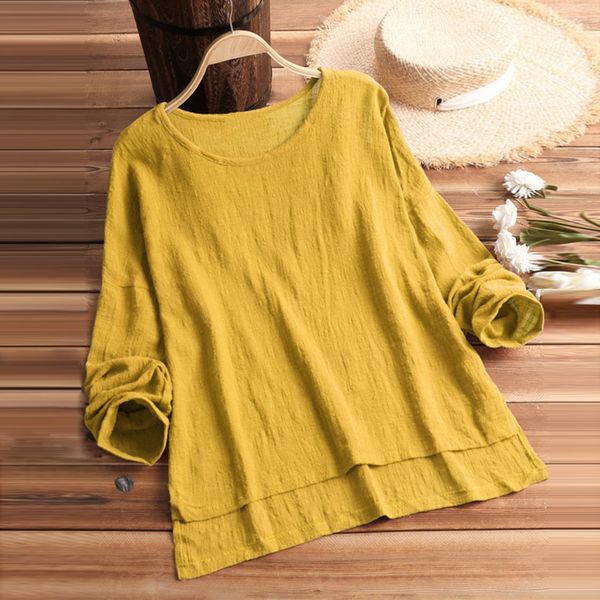 

feitong linen large size blouse women vintage pure color o-neck blouse s-5xl long sleeve casual blusas mujer de moda, White