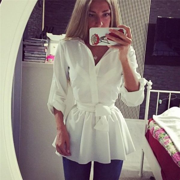 

горячие продажи женщин элегантная блузка платье мода высокая талия зашнуровать vestidos повседневная сплошной цвет v-образным вырезом с длин, White