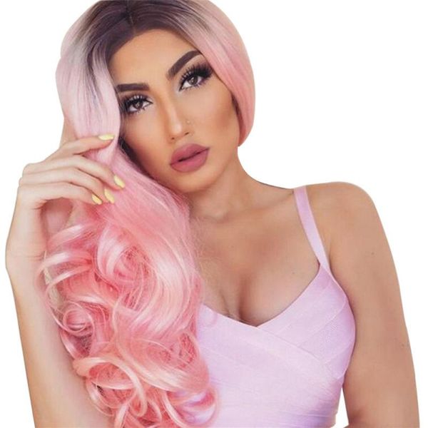 

women wig stylish middle parting gradient pink long wavy hairpiece hair styling accessory pink party cosplay, Brown