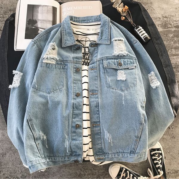

fashion 2020 casual korean ripped hole men's denim jacket trendy loose student jacket handsome spring autumn teenagers coat, Black;brown