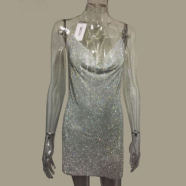 

woman clothing party dresses 2019 crystal metal halter shining summer dress women beach dress sequin mini v neck vestidos, Black;gray
